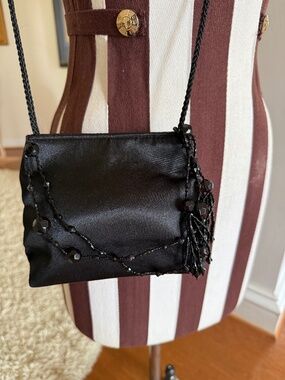 Vintage Black Satin Evening Crossbody Bag Beaded Embellishments Party Cocktail